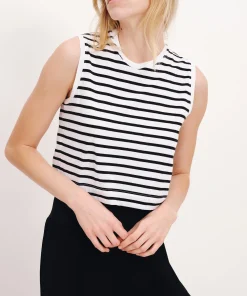 Classic Jersey Stripe Sleeveless Cropped Muscle Tee - White-Black