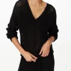 Cotton Cashmere Mesh Stitch V-Neck Sweater - Black