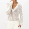Cotton Cashmere Mesh Stitch V-Neck Sweater - Chalk