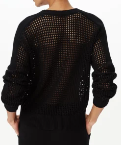 Cotton Cashmere Mesh Stitch V-Neck Sweater - Black