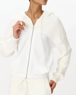 Cotton Cashmere Mixed Media Zip-Up Hoodie Sweater - Chalk