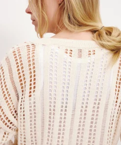 Cotton Linen Blend Open Knit V-Neck Sweater - Faded Hazelwood Marl