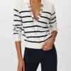 Cotton Silk Blend Striped Split Collar Sweater - White-Midnight