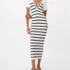 Cotton Silk Blend Striped Sleeveless Split Collar Dress - White-Midnight