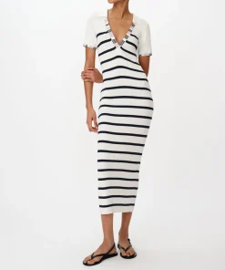 Cotton Silk Blend Striped Sleeveless Split Collar Dress - White-Midnight
