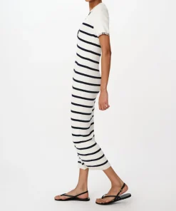 Cotton Silk Blend Striped Sleeveless Split Collar Dress - White-Midnight