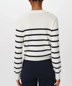 Cotton Silk Blend Striped Split Collar Sweater - White-Midnight