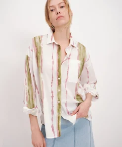 Lightweight Shirting With Paintstroke Boyfriend Shirt - White-Multi