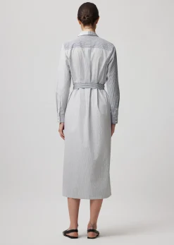 Mixed Stripe Shirting Belted Shirt Dress - Chalk-Ink