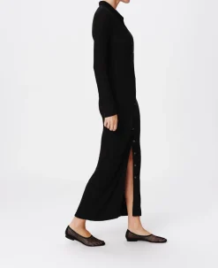 Modal Rib Long Sleeve Maxi Shirt Dress - Black