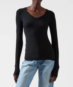 Modal Rib Long Sleeve V-Neck Tee - Black