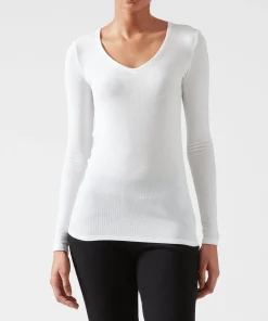 Modal Rib Long Sleeve V-Neck Tee - White
