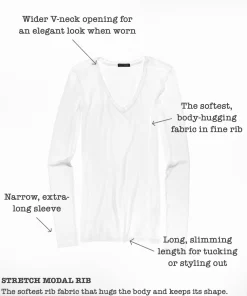 Modal Rib Long Sleeve V-Neck Tee - White