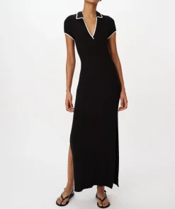 Modal Rib Short Sleeve Split Neck Dress - Black