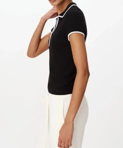 Modal Rib Short Sleeve Split Neck Top - Black