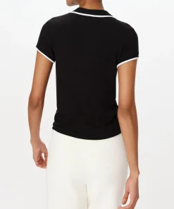 Modal Rib Short Sleeve Split Neck Top - Black