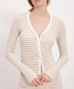 Modal Rib Stripe Long Sleeve Cardigan Top - Chalk-Morning Mist