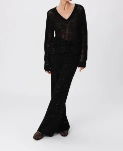 Sequin Wool Blend Net Stitch Sweater - Black