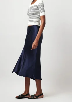 Silk Charmeuse Slit Detail Midi Skirt - Ink