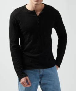 Slub Jersey Destroyed Wash Henley - Black