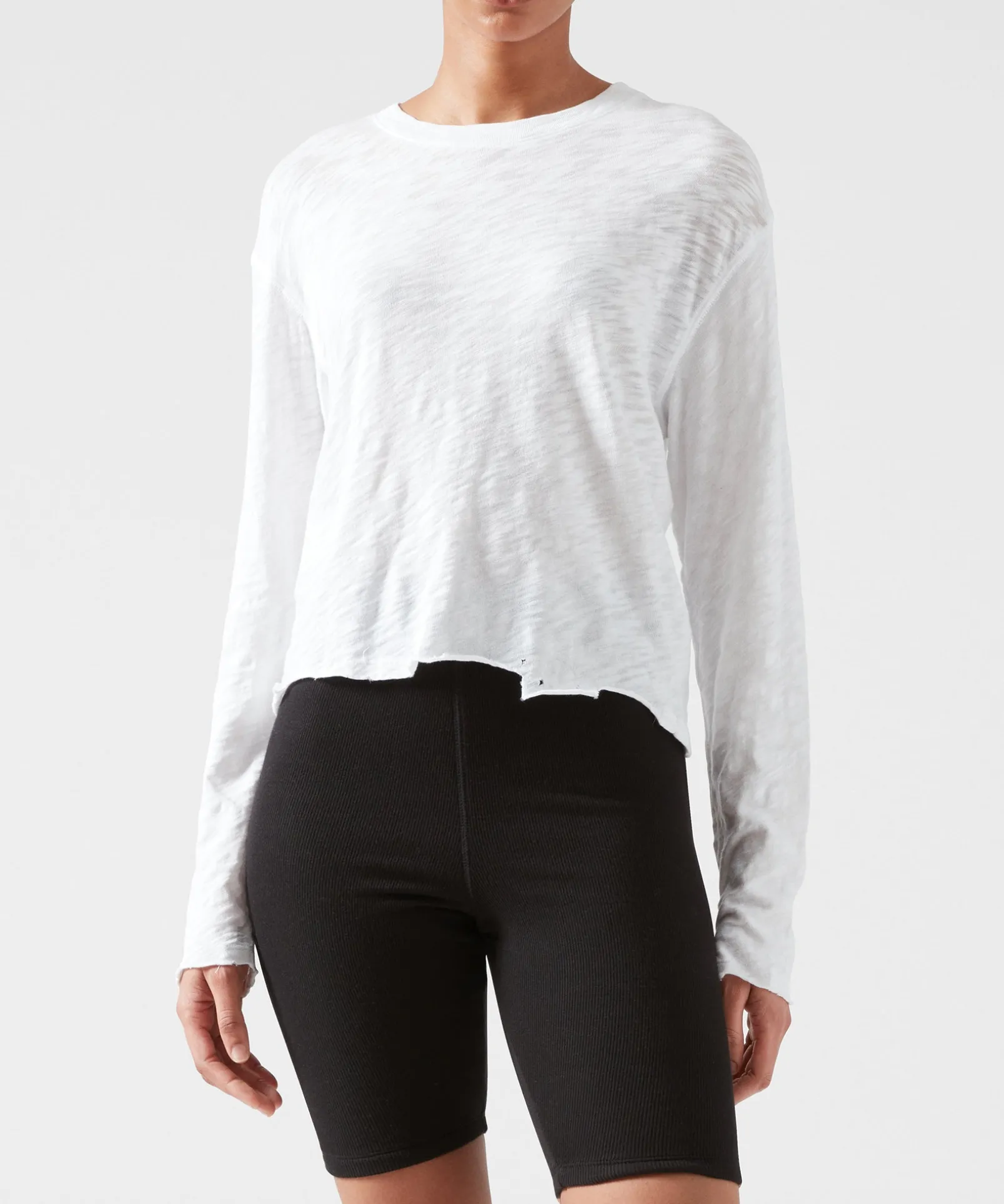 Slub Jersey Long Sleeve Destroyed Wash Crop Tee - White