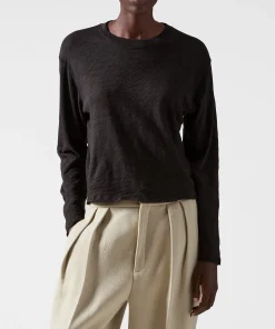 Slub Jersey Long Sleeve Destroyed Wash Crop Tee - Black