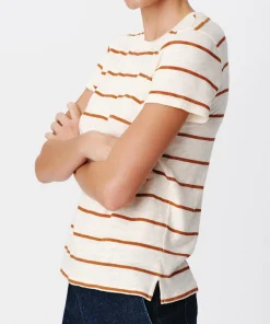 Slub Jersey Stripe Schoolboy Short Sleeve Crew Neck Tee - Irish Cream-Cornelian Stone