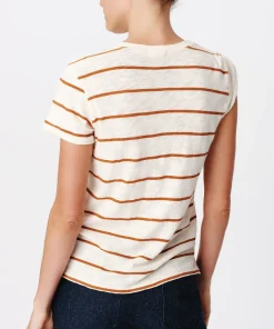 Slub Jersey Stripe Schoolboy Short Sleeve Crew Neck Tee - Irish Cream-Cornelian Stone