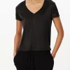 Stretch Charmeuse V-Neck Tee - Black