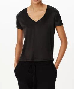 Stretch Charmeuse V-Neck Tee - Black