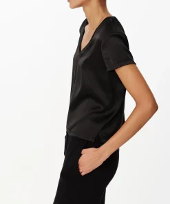 Stretch Charmeuse V-Neck Tee - Black