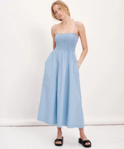 Superfine Twill Stripe Smocked Dress - Summer Sky-White