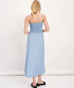 Superfine Twill Stripe Smocked Dress - Summer Sky-White