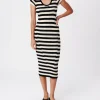 Wool Blend Striped Cap Sleeve Dress - Black-Chalk