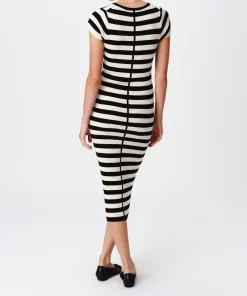 Wool Blend Striped Cap Sleeve Dress - Black-Chalk