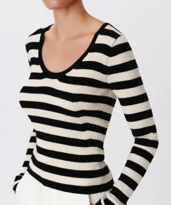 Wool Blend Striped Long Sleeve Sweater - Black-Chalk