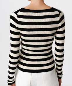 Wool Blend Striped Long Sleeve Sweater - Black-Chalk